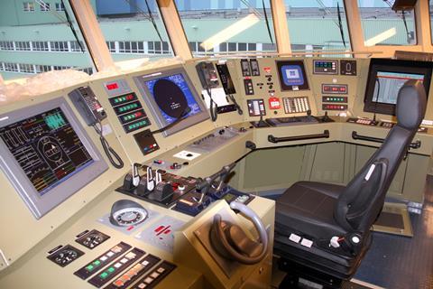 The main bridge console contains an impressive array of propulsion controls and modern navigational equipment.